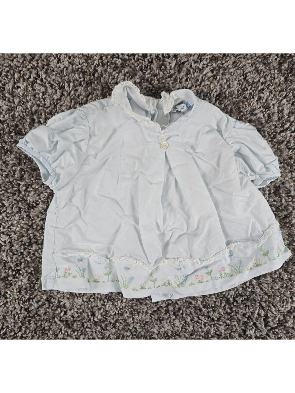 1970s Gimbels Baby Girls Sz 3M Short Sleeve Cotton Dress Light Blue Embroidered